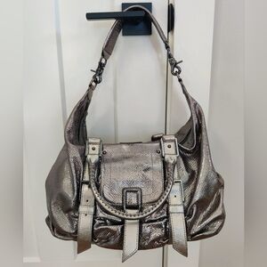 Botkier Genuine Italian Cowhide Leather Snake Ebossed Print Metallic Silver Bag